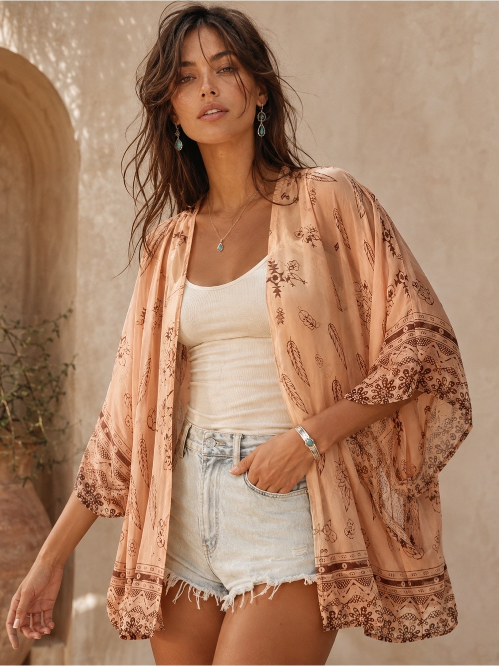 Boho Western Bull Skull Open-Front Kimono – One Size